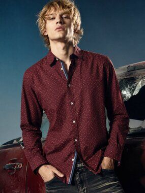 LEVEL TEN Men's L Burgundy Micro Print Hidden Button Down Contrast Trim Shirt